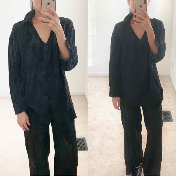 NEW BLACK PLISSE SHIRT AND FLARE PANTS SET - Picture 3 of 7